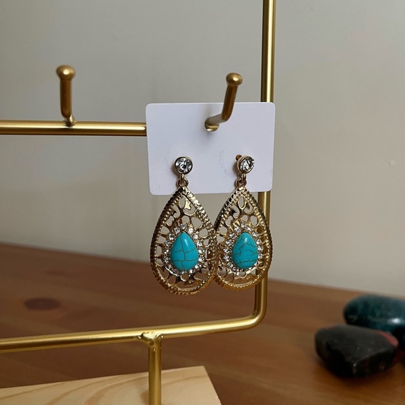 Jewelry - Vintage-look Gold Teardrop Earrings with Faux Turquoise Stone - Women Jewelry